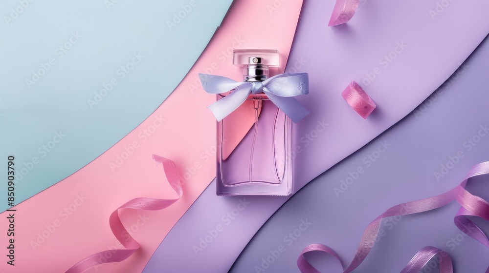 A bottle of perfume is shown with a background of flowers A bottle of perfume is shown with a background of flowers