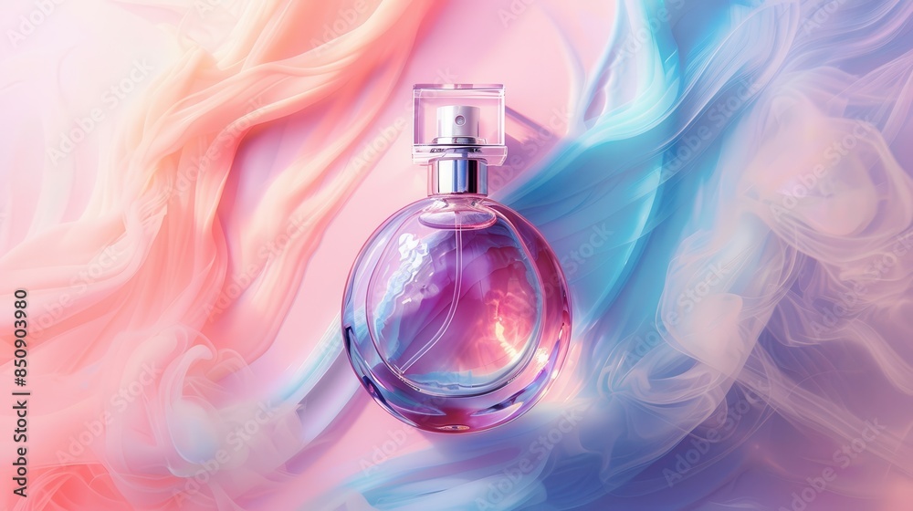A bottle of perfume is displayed on a colorful background A bottle of perfume is displayed on a colorful background