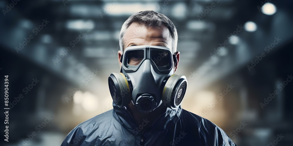 Man wearing a respiratory mask for medical or industrial purposes. Concept Respiratory Protection, Industrial Safety Gear, Medical Masks, Personal Protection, Equipment for Breathing Man wearing a respiratory mask for medical or industrial purposes. Concept Respiratory Protection, Industrial Safety Gear, Medical Masks, Personal Protection, Equipment for Breathing