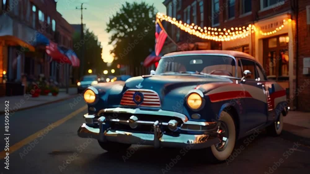 Independence day 4 july, A blue and white vintage car is parked on a street with a brick building in the background. Independence day 4 july, A blue and white vintage car is parked on a street with a brick building in the background.