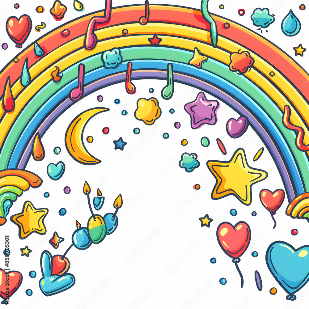 Obraz premium Doodle Style 3D Flat Icon Border Frame with Rainbow Stripes and Celebration Icons for Joyful Pride, Copy Space Included
