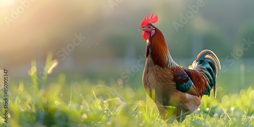Rooster's vibrant feathers shine under the sunlight in a field of green grass. Concept Animal Photography, Nature, Bright Colors, Sunlight, Rural Setting © Anastasiia