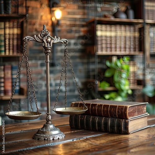 A scale of justice on a table next to a stack of books