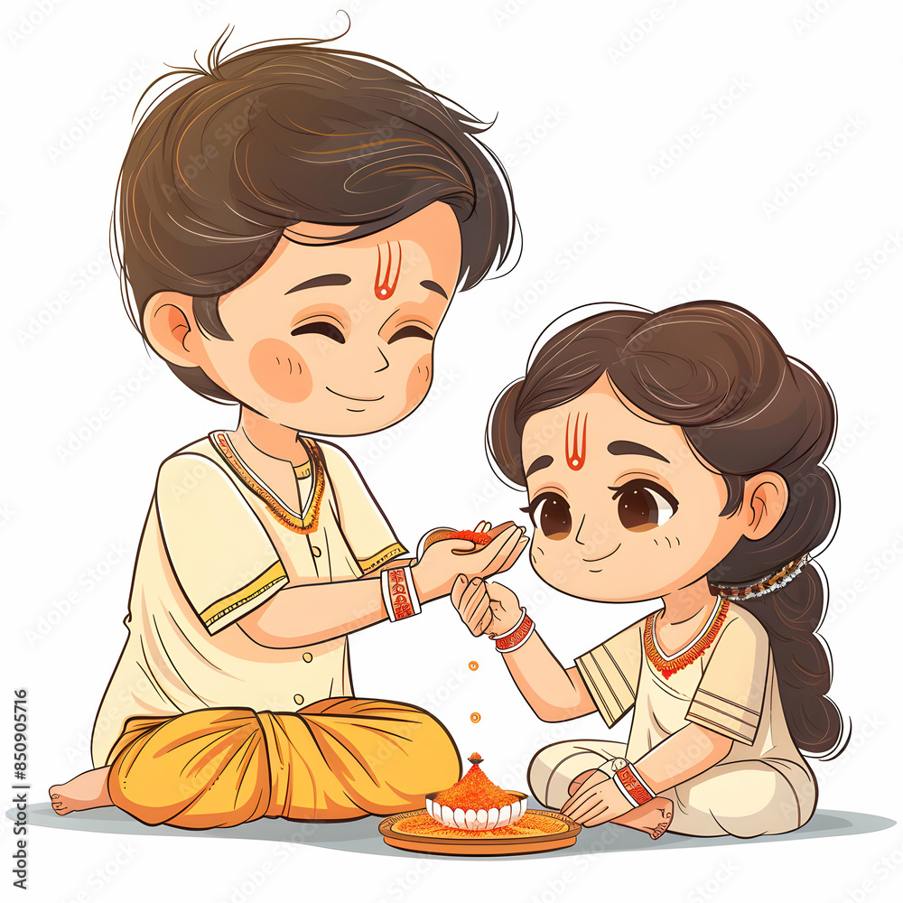 Sister Applying Tilak on Brother with Rakhi: Ceremonial Raksha Bandhan Doodle in 3D Flat Icon Style
