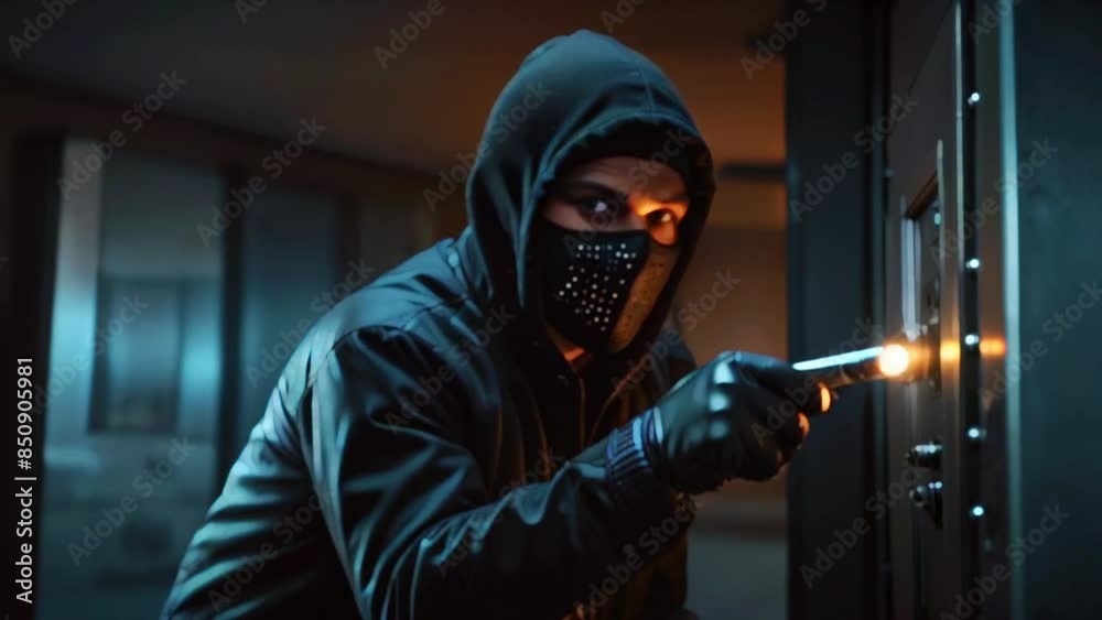 A person thief wearing a black hoodie and mask is attempting to pick a lock on a door. A person thief wearing a black hoodie and mask is attempting to pick a lock on a door.