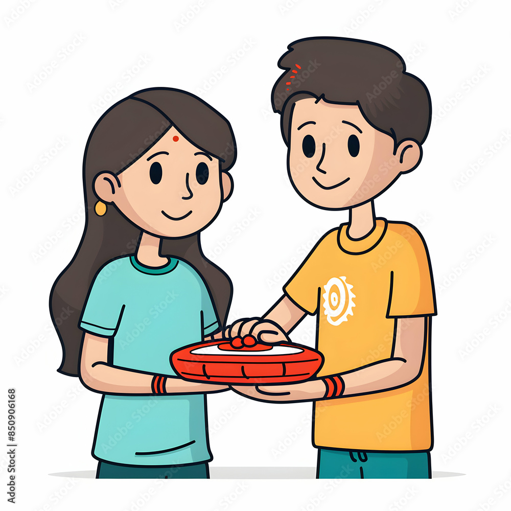 Sibling Love during Raksha Bandhan: 3D Flat Icons of Sister with Rakhi Thali and Brother with Gift, Doodle Line Cartoon Concept Sibling Love during Raksha Bandhan: 3D Flat Icons of Sister with Rakhi Thali and Brother with Gift, Doodle Line Cartoon Concept