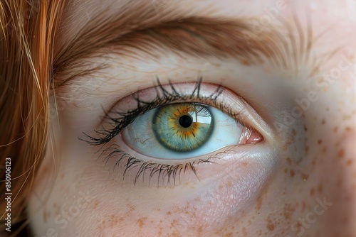 Highdetail image of a beautiful blue eye with natural freckles on delicate skin