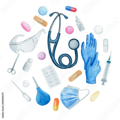 Medical round card, circle composition with stethoscope, plaster, pills, scissors, gloves and bottles. Watercolor illustration on white background.