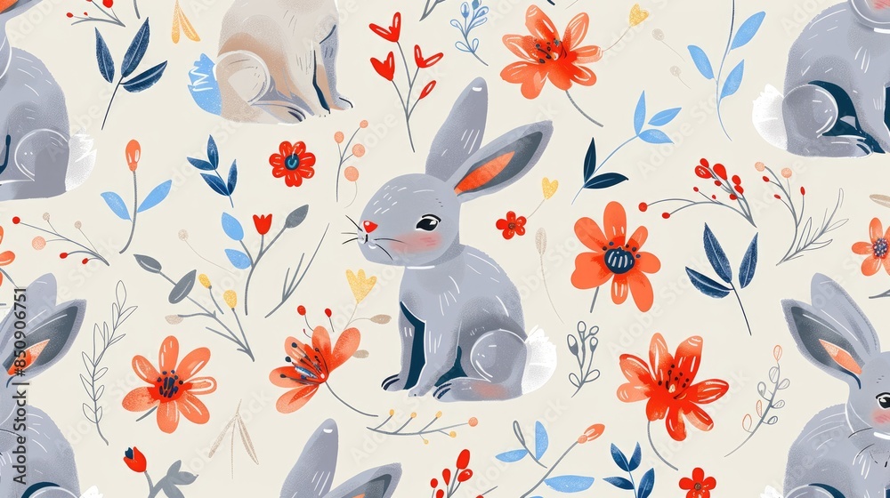 Obraz premium A delightful seamless pattern featuring adorable abstract rabbits and flowers perfect for children s designs