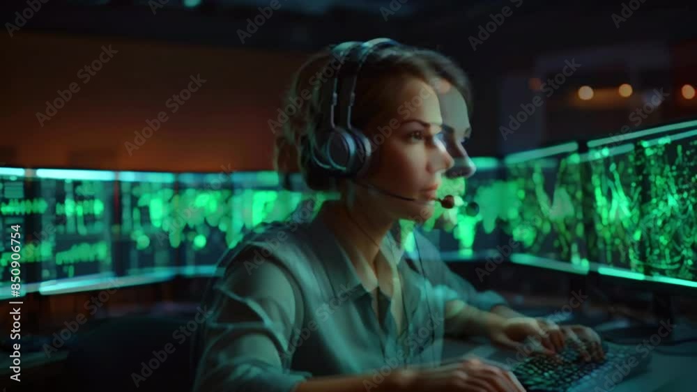 A woman wearing a headset is sitting in front of multiple computer screens. The screens are displaying green text and code. A woman wearing a headset is sitting in front of multiple computer screens. The screens are displaying green text and code.