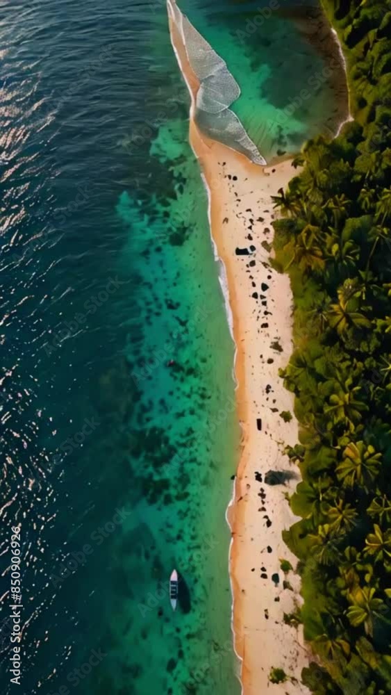 This is an aerial view of a tropical beach. The beach has white sand ...
