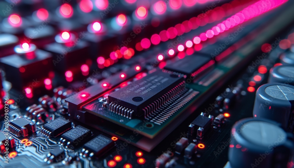 Fototapeta premium A close-up image showcasing red LED lights on a black computer memory stick with intricate circuits