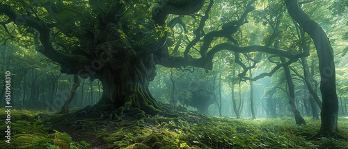 Ancient tree with sprawling roots and branches in a misty forest
