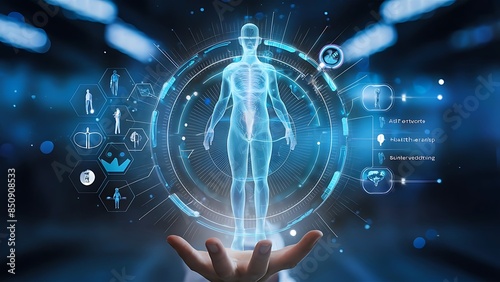 Digital interface with holographic human body highlighting AI-driven healthcare innovations and soft blur background

