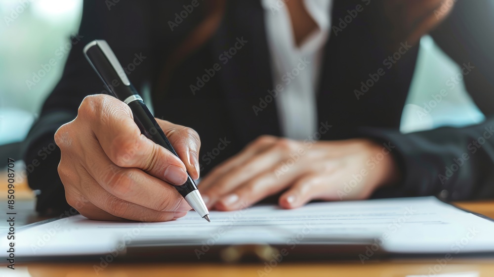 Close-up Shot of Businesswoman’s Hand Holding a Pen and Signing Contract, Emphasizing Professional Agreement and Business Deal Close-up Shot of Businesswoman’s Hand Holding a Pen and Signing Contract, Emphasizing Professional Agreement and Business Deal