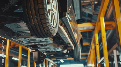 Close-up of Car Underside Being Lifted in Vulcaniser Shop for Maintenance and Repair, Highlighting Automotive Service and Workshop Equipment photo