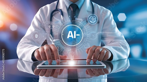 Doctor using tablet with AI-driven diagnostic tools representing healthcare innovations and soft blur background

