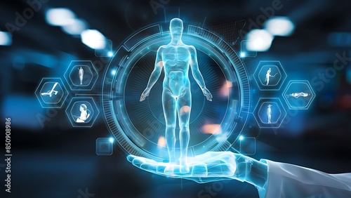Digital interface with holographic human body highlighting AI-driven healthcare innovations and soft blur background

