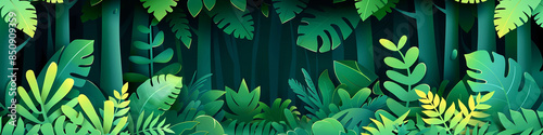 wide horizontal jungle illustration with layers of trees plants and leaves in green color tones and sun in yellow sky
