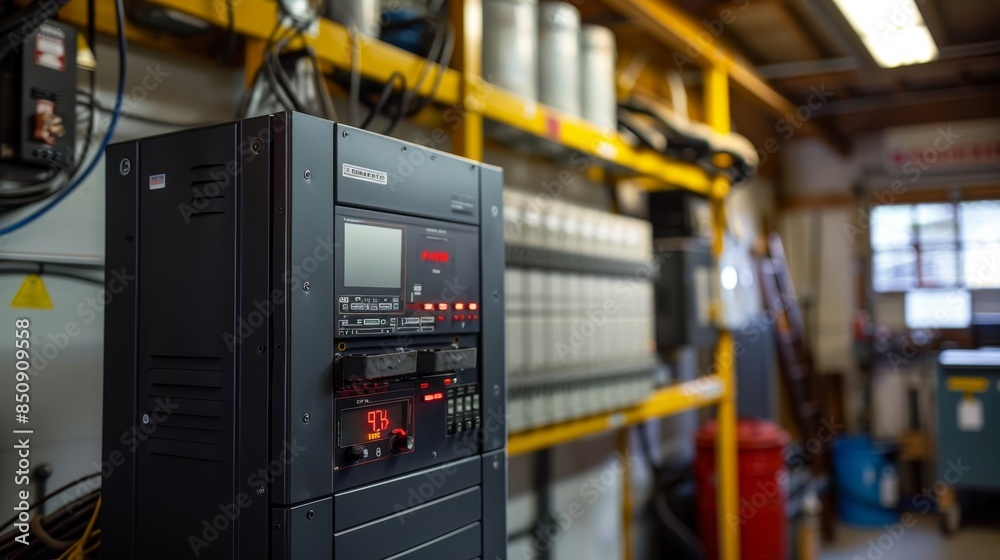 A red and black device with a digital display sits on a wall in a warehouse A red and black device with a digital display sits on a wall in a warehouse
