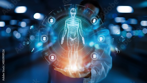 Digital interface with holographic human body highlighting AI-driven healthcare innovations and soft blur background

