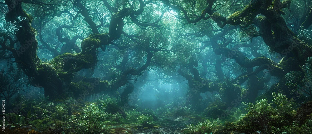 A magical forest landscape showcasing the natural beauty with play of light and shadow