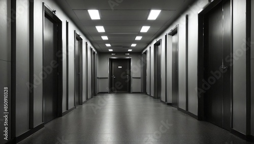 Open and closed elevator doors in office corridor in light gray color 3d illustration.