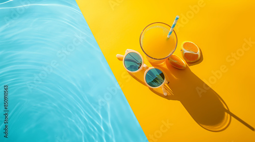 .A top-down view of a summer refreshment with fresh orange juice, sunglasses, and a poolside setting on a hot day