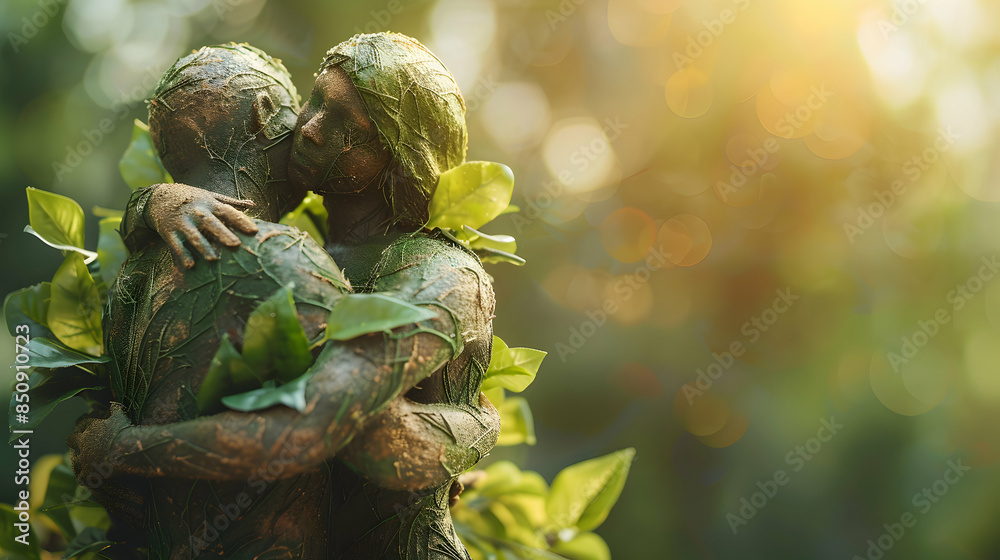 Hugging Figures with Leaves Symbolizing Growth and Nature Photo Realistic Image Perfect for Symbolic Representation of Growth and Nature in a Warm Embrace Hugging Figures with Leaves Symbolizing Growth and Nature Photo Realistic Image Perfect for Symbolic Representation of Growth and Nature in a Warm Embrace