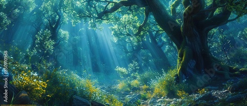 The ethereal glow of dawn illuminating the resilient forest greenery