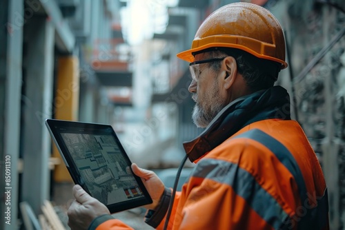Holding a digital tablet, the male architect reviews the construction site with a fellow professional