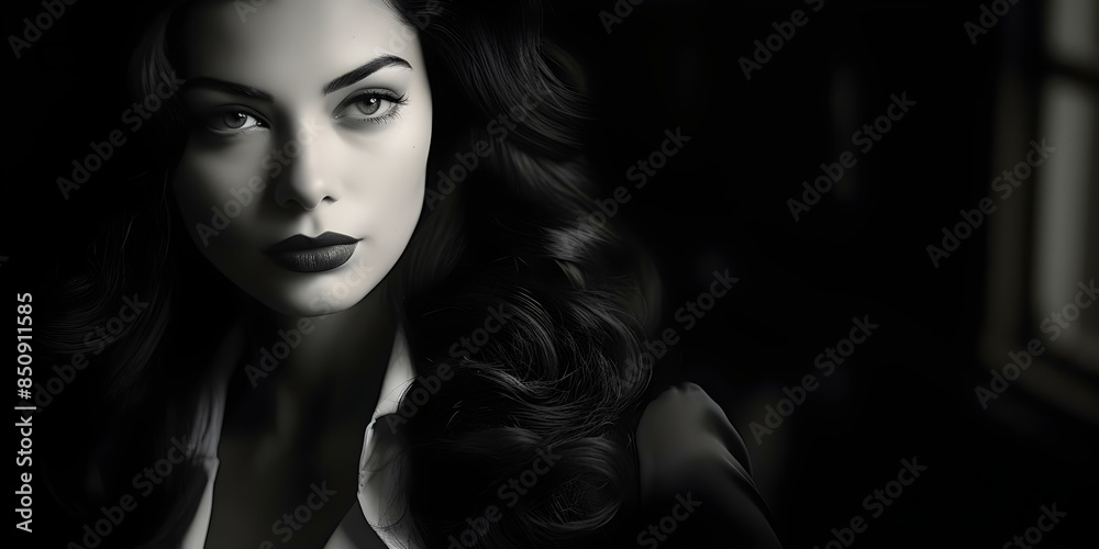 Portrait of a young woman with long dark hair in film noir style. Concept Portrait Photography, Young woman, Dark hair, Film noir style