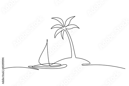 Beach with boat and palm tree continuous one line icon drawing on white background. Tropical oasis island vector illustration in doodle style. Contour linear sign design for card, poster, banner