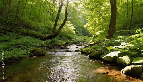 A tranquil stream flows through a lush, sunlit forest, creating a peaceful and serene atmosphere