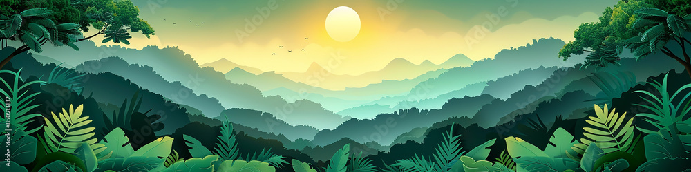 wide panoramic paper cut scrap jungle illustration with layers of trees plants and leaves in green color tones with 3D depth wide panoramic paper cut scrap jungle illustration with layers of trees plants and leaves in green color tones with 3D depth