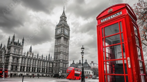 A red telephone booth sits in the middle of a city street. The booth is surrounded by tall buildings, including the famous Big Ben clock tower. The scene is set on a rainy day