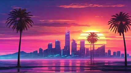 Leinwandbilder Rosa A digital painting of palm trees silhouetted against a vibrant city skyline at sunset  © Roman