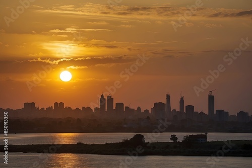 A cityscape silhouette against a vibrant orange sunset, with the sun shining brightly in the sky over a body of water