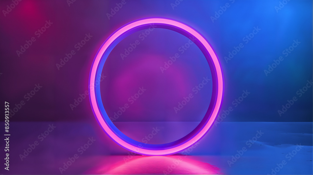 Obraz premium Round Glowing Neon Light Sign, Cyberpunk Studio Stage Backdrop Blue Purple Abstract Background