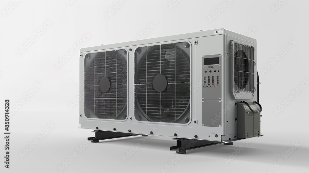 A white air conditioner with a black fan on top