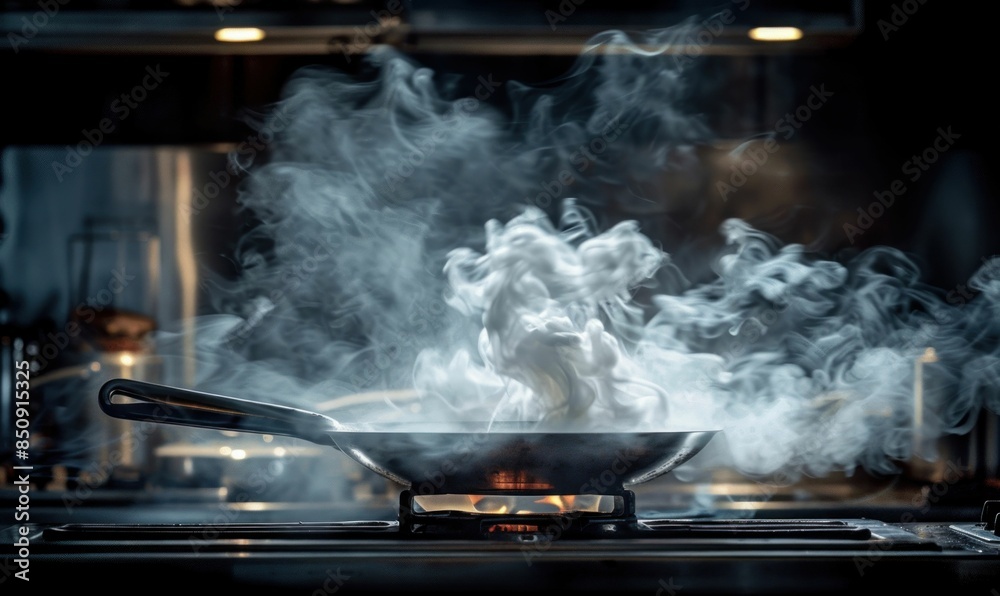 Pan with Rising Steam on Stovetop in Kitchen. Generative ai Pan with Rising Steam on Stovetop in Kitchen. Generative ai