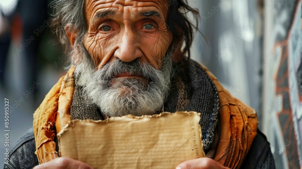 Fototapeta premium Elderly Homeless Man Holding Cardboard Sign. Generative ai