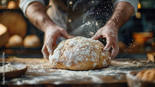 A chef is making a dough and it is covered in flour. The dough is being rolled out on a wooden table