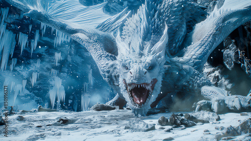 white ice dragon with blue eyes, looking with open mouth into the frame. is going to attack. fantasy, legends, myths. photo