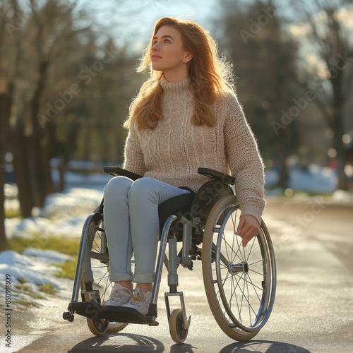 Young woman in a turtleneck sweater and jeans sitting in a wheelchair on a sunny, snow-lined pathway