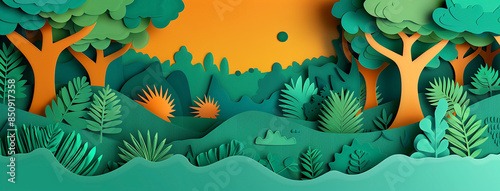 wide horizontal jungle illustration with layers of trees plants and leaves in green color tones and sun in yellow sky