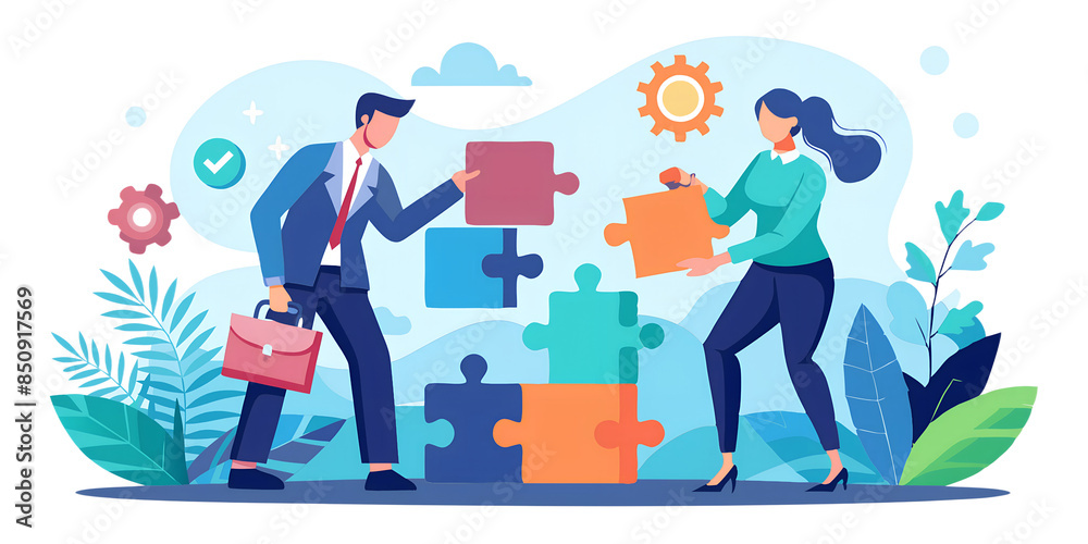 two business people are looking for a solution to solve a problem teamwork concept flat illustration and working online team. two business people are looking for a solution to solve a problem teamwork concept flat illustration and working online team.