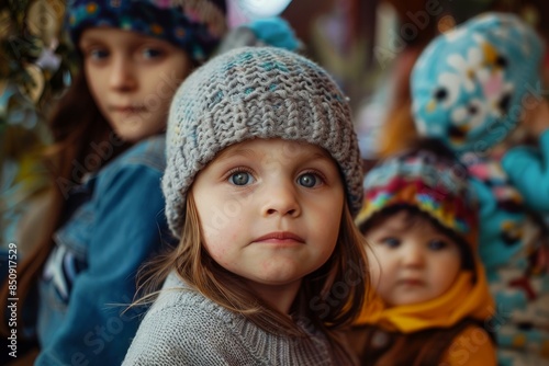 Group of adorable children showcasing trendy knitted hats and scarves in a vibrant, playful setting