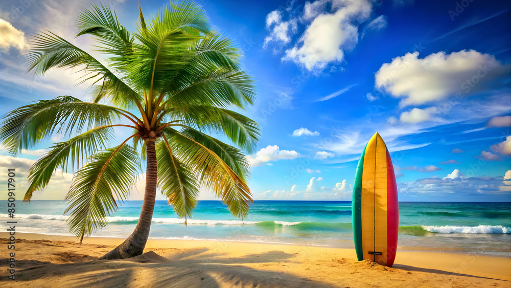 Palm tree and colorful surfboard on a uniquely beautiful beach with blue sky and azure sea.