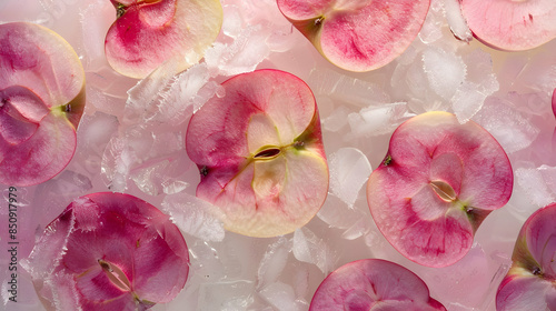 Background of beautiful apple fruit slices on frozen surface